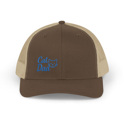 Cat Dad Trucker Hat – Embroidered Minimalist Cat Face Hat for Proud Pet Dads and Feline Fans. Blue Letters