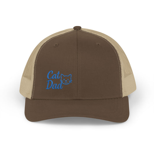 Cat Dad Trucker Hat – Embroidered Minimalist Cat Face Hat for Proud Pet Dads and Feline Fans. Blue Letters