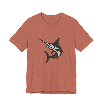 Swordfish Graphic T-Shirt – Dark Theme Grayscale Ocean Predator Design on Black Tee with Streamlined Power and Modern Ghost Effect. Unisex Jersey Short Sleeve Tee