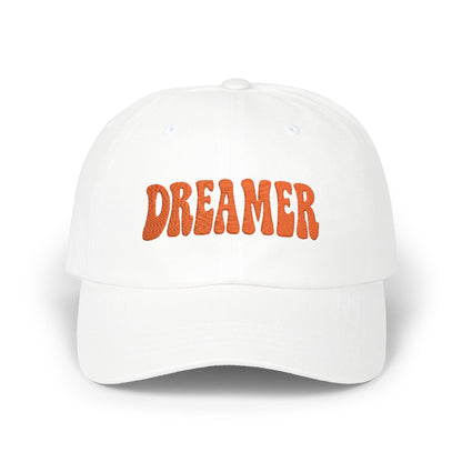 Dreamer Classic Dad Hat – Embroidered Minimalist Script Hat for Visionaries, Creatives, and Chill Daydreamers. Orange Letters