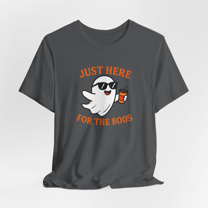 Just Here for the Boos Halloween Shirt – Funny Ghost Drinking Coffee Graphic Tee for Spooky Season