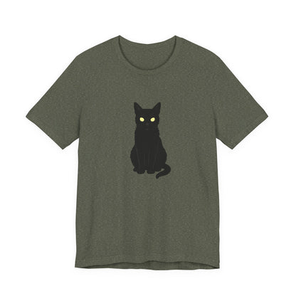 Glowing-Eyed Black Cat Shirt – Dark Theme Feline Stare for Maximum Spook and Minimal Effort. Unisex Jersey Short Sleeve Tee