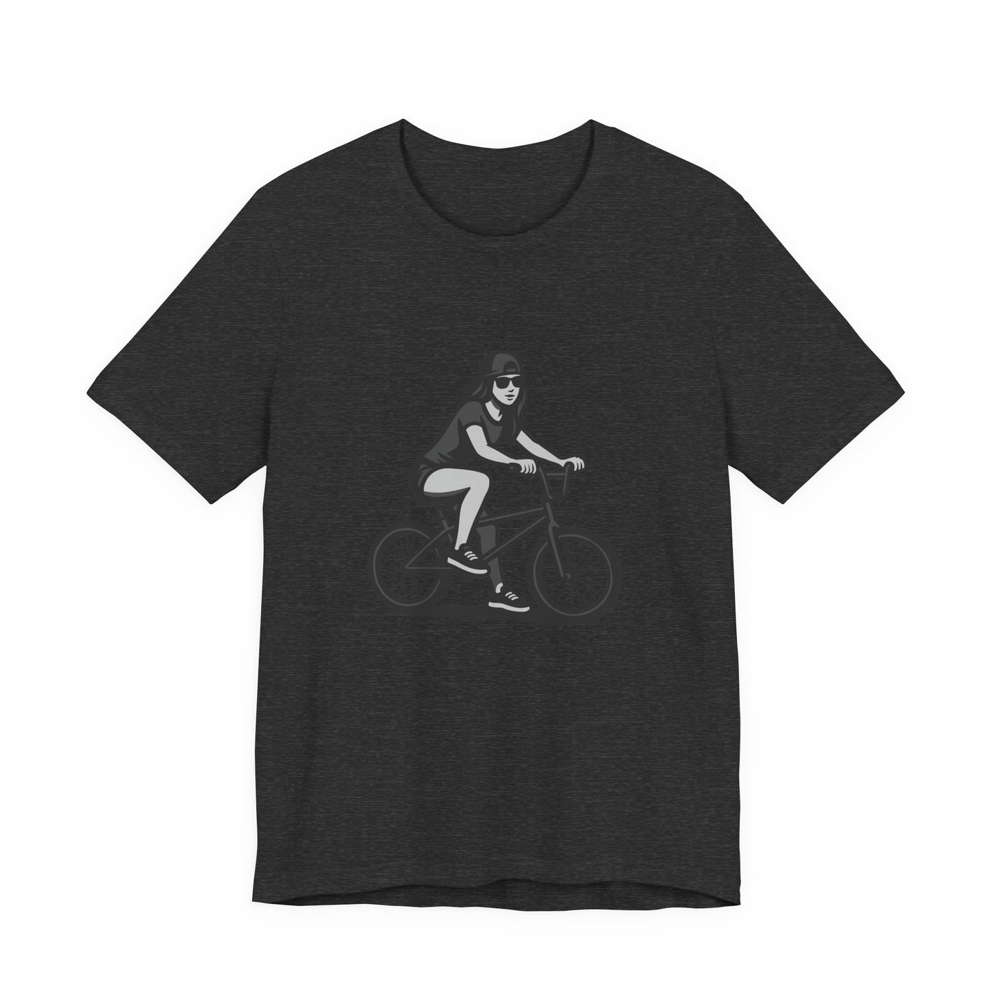 Cool Girl on Bike Graphic T-Shirt – Laid-Back Dark Theme Grayscale Rider Design on Black Tee with Street Style and Subtle Modern Ghost Effect. Unisex Jersey Short Sleeve Tee