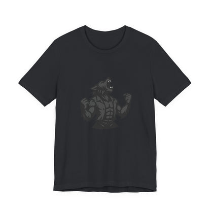 Werewolf Transformation T-Shirt – Dark Theme Grayscale Muscular Monster Design on Black Tee with Savage Energy and Modern Ghost Effect. Unisex Jersey Short Sleeve Tee
