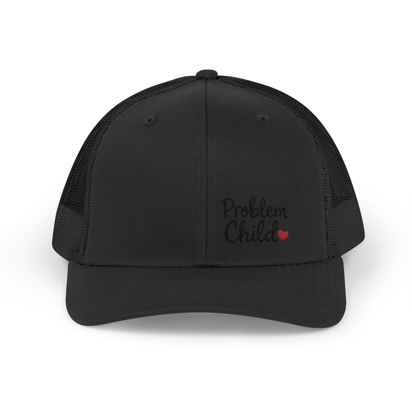 Problem Child Trucker Hat – Bold Script Hat with Red Heart for the Unruly and Unapologetic.
