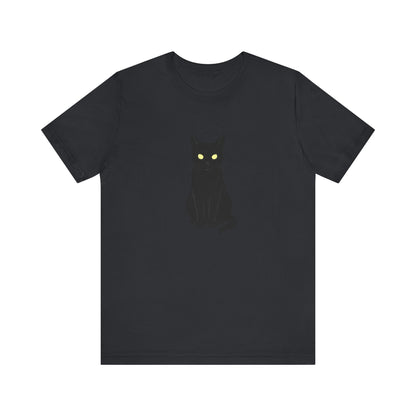 Glowing-Eyed Black Cat Shirt – Dark Theme Feline Stare for Maximum Spook and Minimal Effort. Unisex Jersey Short Sleeve Tee