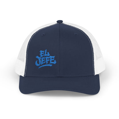 El Jefe Trucker Hat – Embroidered Bold Text Hat for Boss Energy, Leadership Style, and Latin Flair. Blue Letters