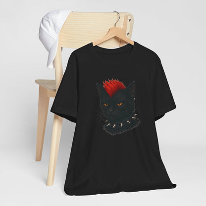 Punk Rock Black Cat Graphic Tee Dark Theme – Spiked Collar Rebel Feline Design