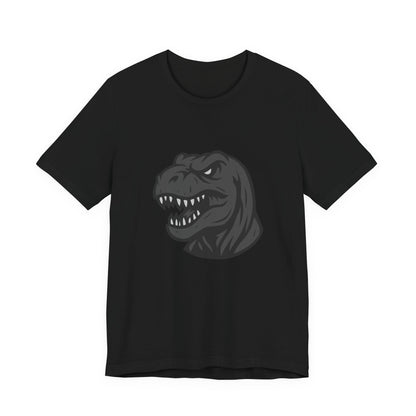 T-Rex Profile Graphic T-Shirt – Dark Theme Grayscale Dinosaur Head on Black Tee with Prehistoric Power and Modern Ghost Effect. Unisex Jersey Short Sleeve Tee