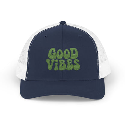 Good Vibes Trucker Hat – Embroidered Retro Text Hat for Positive Vibes, Chill Style, and Everyday Feel-Good Energy. Green Letters