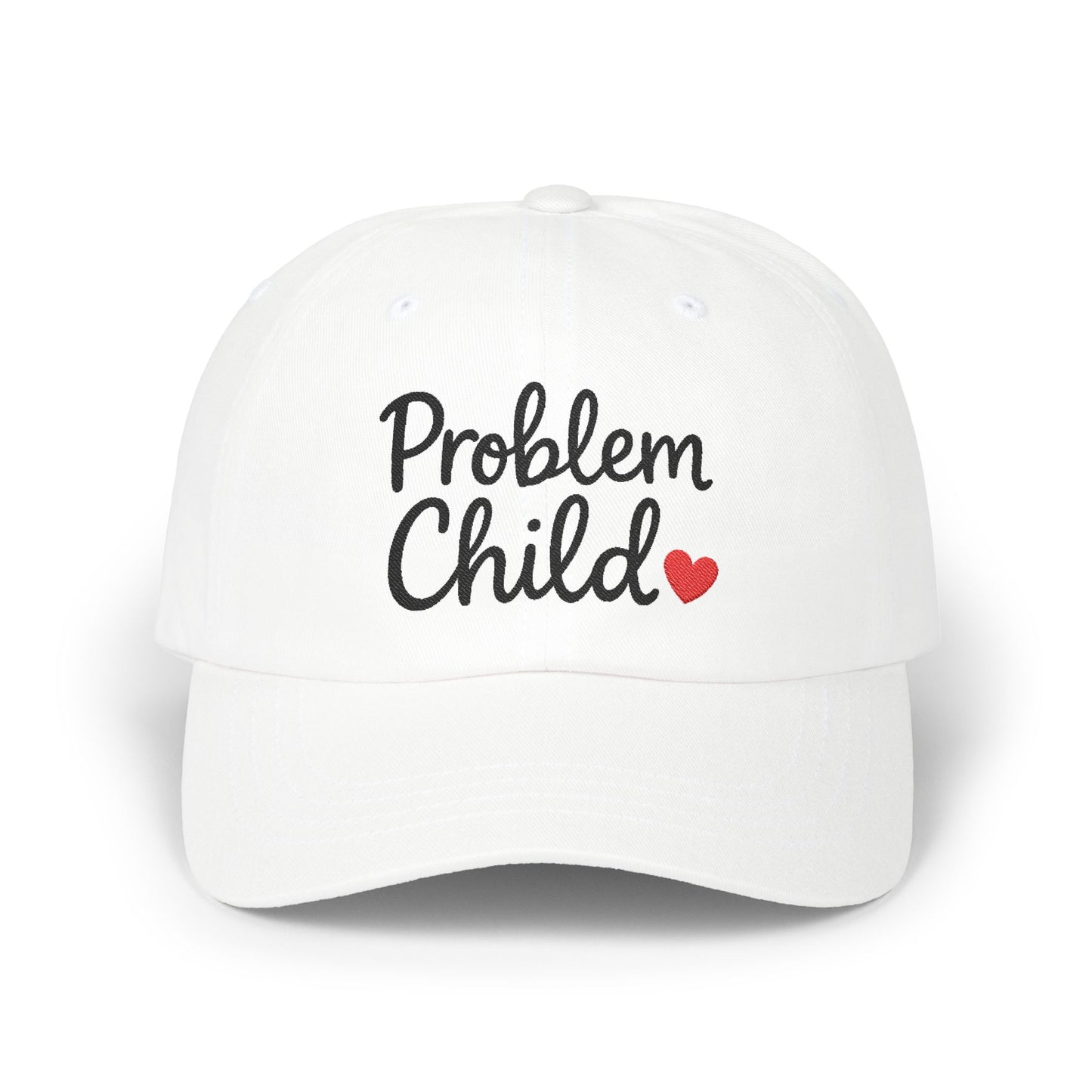 Problem Child Embroidered Classic Dad Hat – Bold Script Baseball Hat with Red Heart for the Unruly and Unapologetic. Black Letters