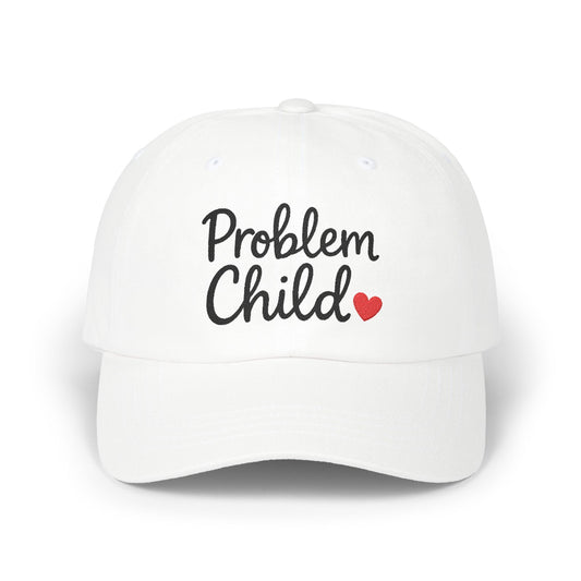 Problem Child Embroidered Classic Dad Hat – Bold Script Baseball Hat with Red Heart for the Unruly and Unapologetic. Black Letters