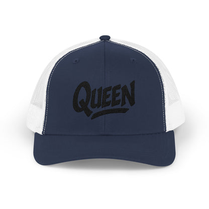 Queen Trucker Hat – Embroidered Crown Hat for Confident Women. Black Letters