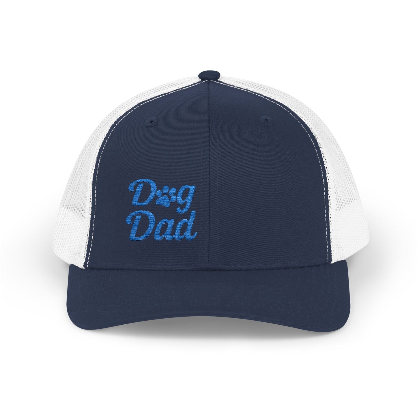 Dog Dad Trucker Hat – Embroidered Minimalist Dog Face Hat for Proud Pet Dads and Canine Companions. Blue Letters
