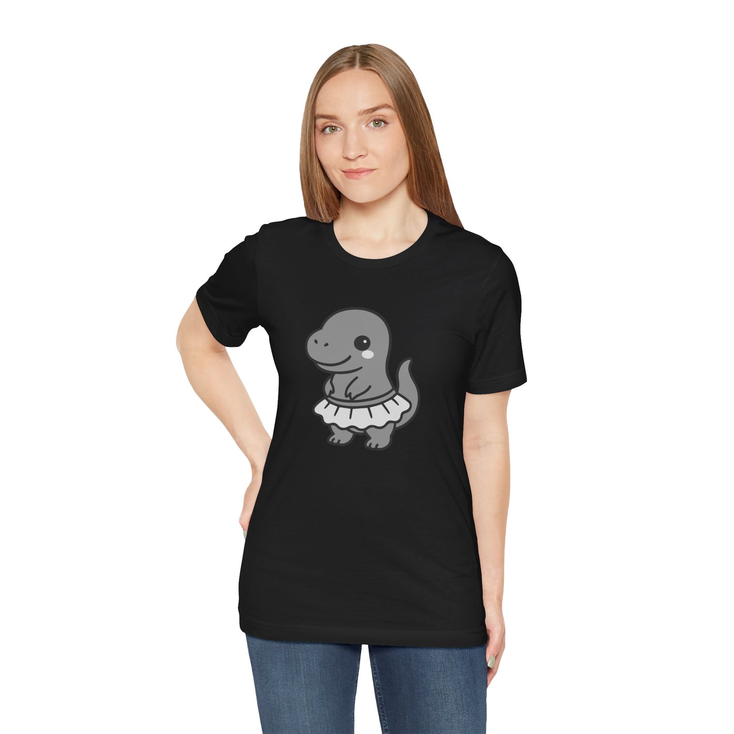 Kawaii T-Rex Dancer Graphic Tee Dark Theme – Cute Dinosaur in Skirt Vector Design