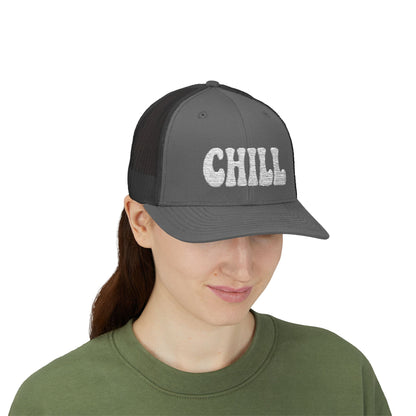 Chill Trucker Hat – Embroidered Relaxed Script Hat for Easygoing Vibes and Everyday Cool. White Letters