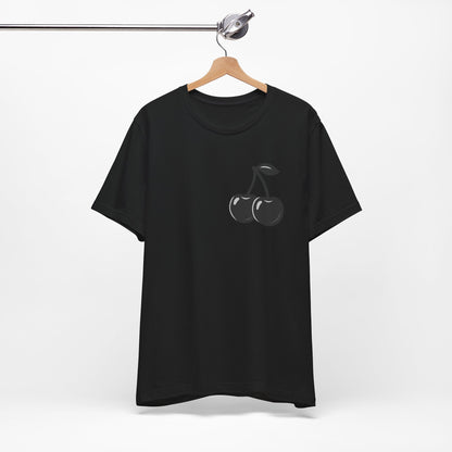 Dark Cherry Graphic T-Shirt – Minimal Dark Theme Grayscale Fruit Design on Black Tee with Subtle Style and Modern Ghost Effect. Unisex Jersey Short Sleeve Tee