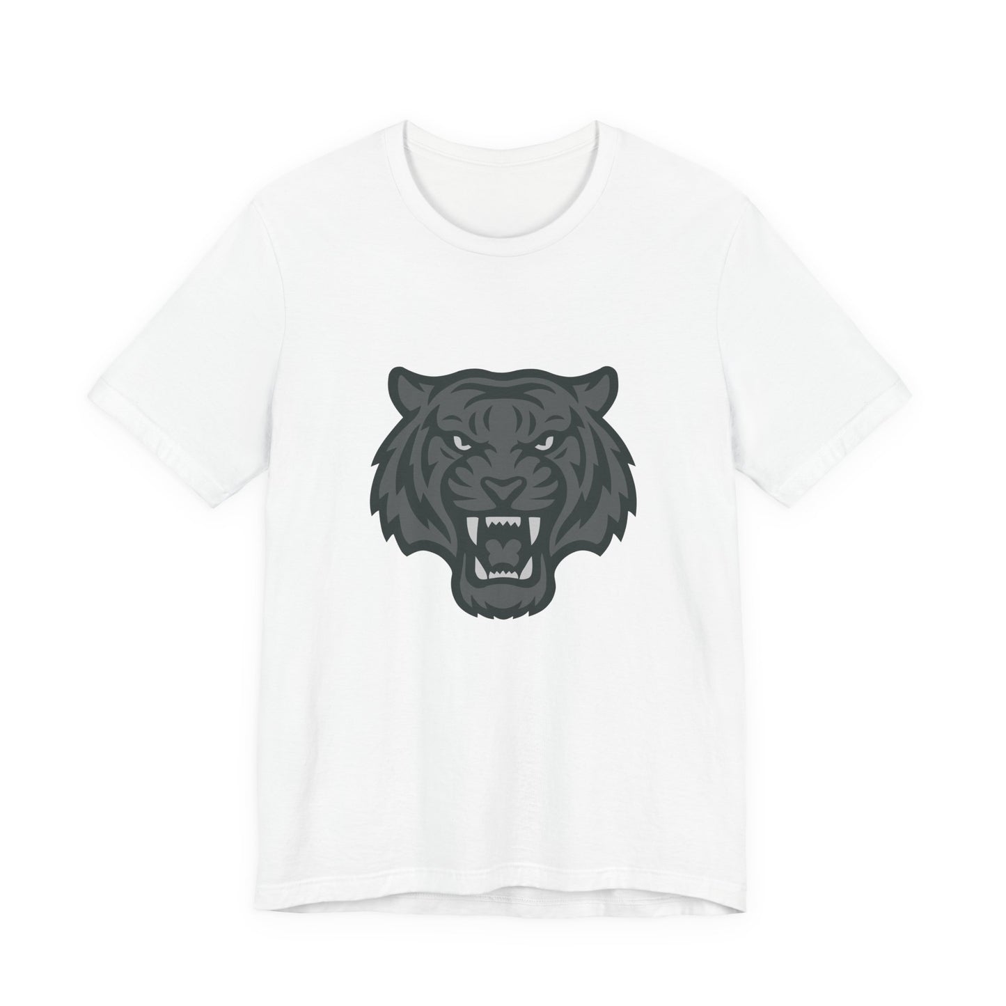 Tiger Head Graphic T-Shirt – Dark Theme Grayscale Roaring Beast Design on Black Tee with Fierce Focus and Modern Ghost Effect. Unisex Jersey Short Sleeve Tee