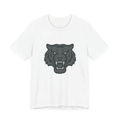 Tiger Head Graphic T-Shirt – Dark Theme Grayscale Roaring Beast Design on Black Tee with Fierce Focus and Modern Ghost Effect. Unisex Jersey Short Sleeve Tee