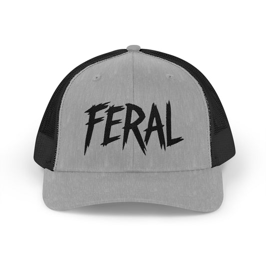 FERAL Embroidered Trucker Hat – Bold Statement Baseball Hat with Wild Energy Font for Rebels, Misfits, and Chaos Enthusiasts