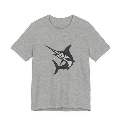 Swordfish Graphic T-Shirt – Dark Theme Grayscale Ocean Predator Design on Black Tee with Streamlined Power and Modern Ghost Effect. Unisex Jersey Short Sleeve Tee