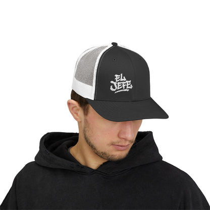 El Jefe Trucker Hat – Embroidered Bold Text Hat for Boss Energy, Leadership Style, and Latin Flair. White Letters