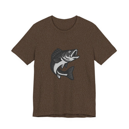 Walleye Fishing Graphic T-Shirt – Dark Theme Grayscale Freshwater Game Fish Design on Black Tee with Angler Energy and Modern Ghost Effect. Unisex Jersey Short Sleeve Tee