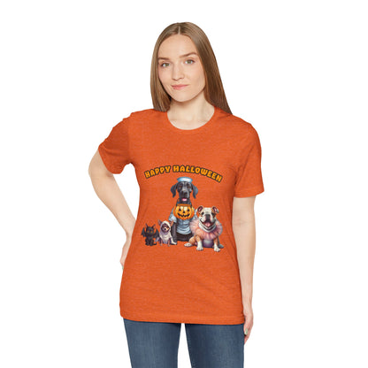 Happy Halloween Pet Parade Shirt – Cute Halloween Dogs and Cat in Costumes. Unisex Jersey Short Sleeve Tee