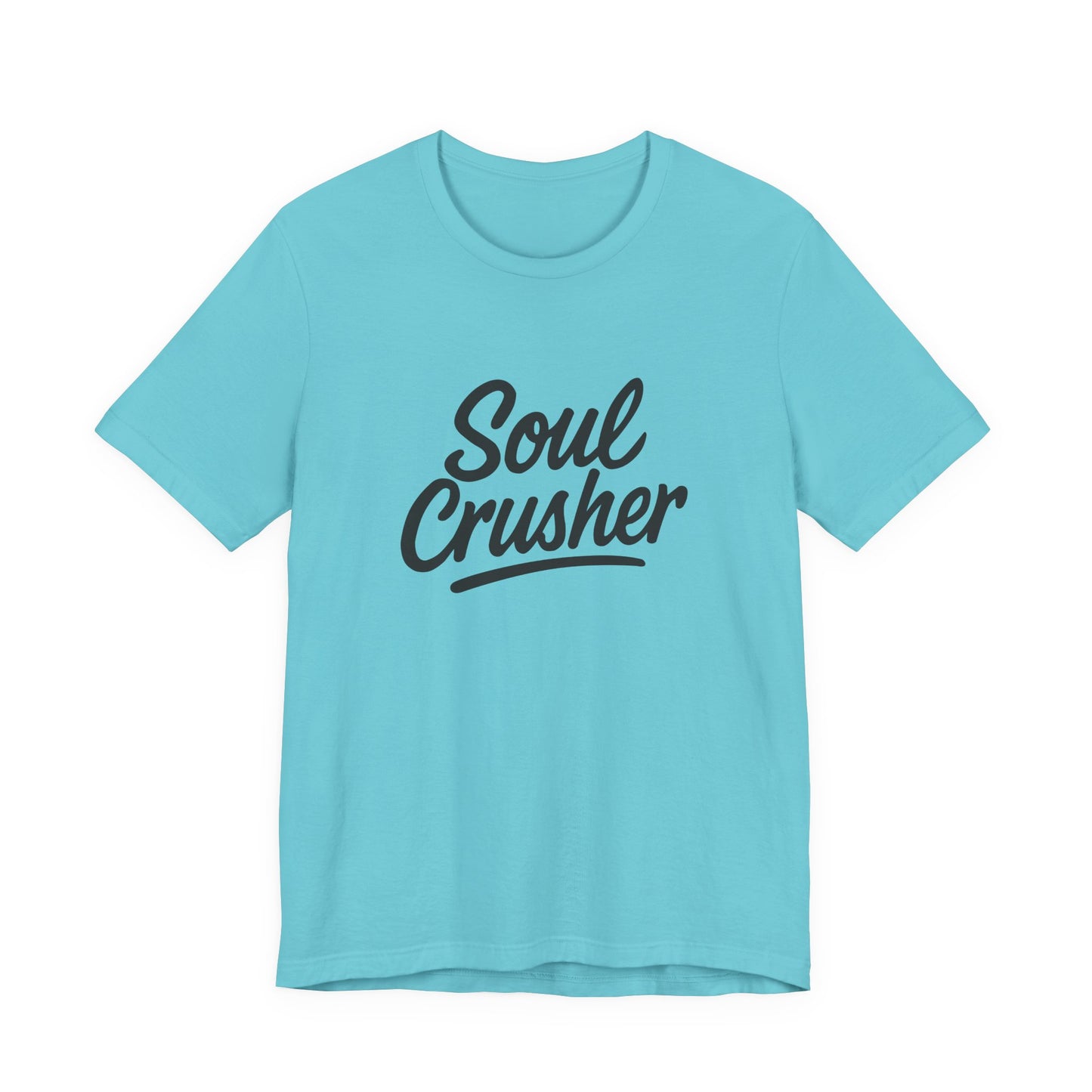 Soul Crusher Text T-Shirt – Dark Theme Grayscale Script Typography on Black Tee with Dark Energy and Modern Ghost Effect. Unisex Jersey Short Sleeve Tee