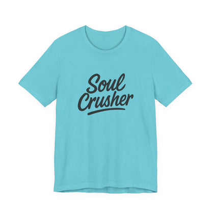 Soul Crusher Text T-Shirt – Dark Theme Grayscale Script Typography on Black Tee with Dark Energy and Modern Ghost Effect. Unisex Jersey Short Sleeve Tee