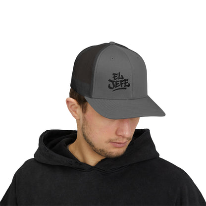 El Jefe Trucker Hat – Embroidered Bold Text Hat for Boss Energy, Leadership Style, and Latin Flair. Black Letters
