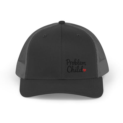 Problem Child Trucker Hat – Bold Script Hat with Red Heart for the Unruly and Unapologetic.