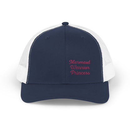 Mermaid Warrior Princess Trucker Hat – Embroidered Bold Text Hat for Magical Queens. Pink Letters
