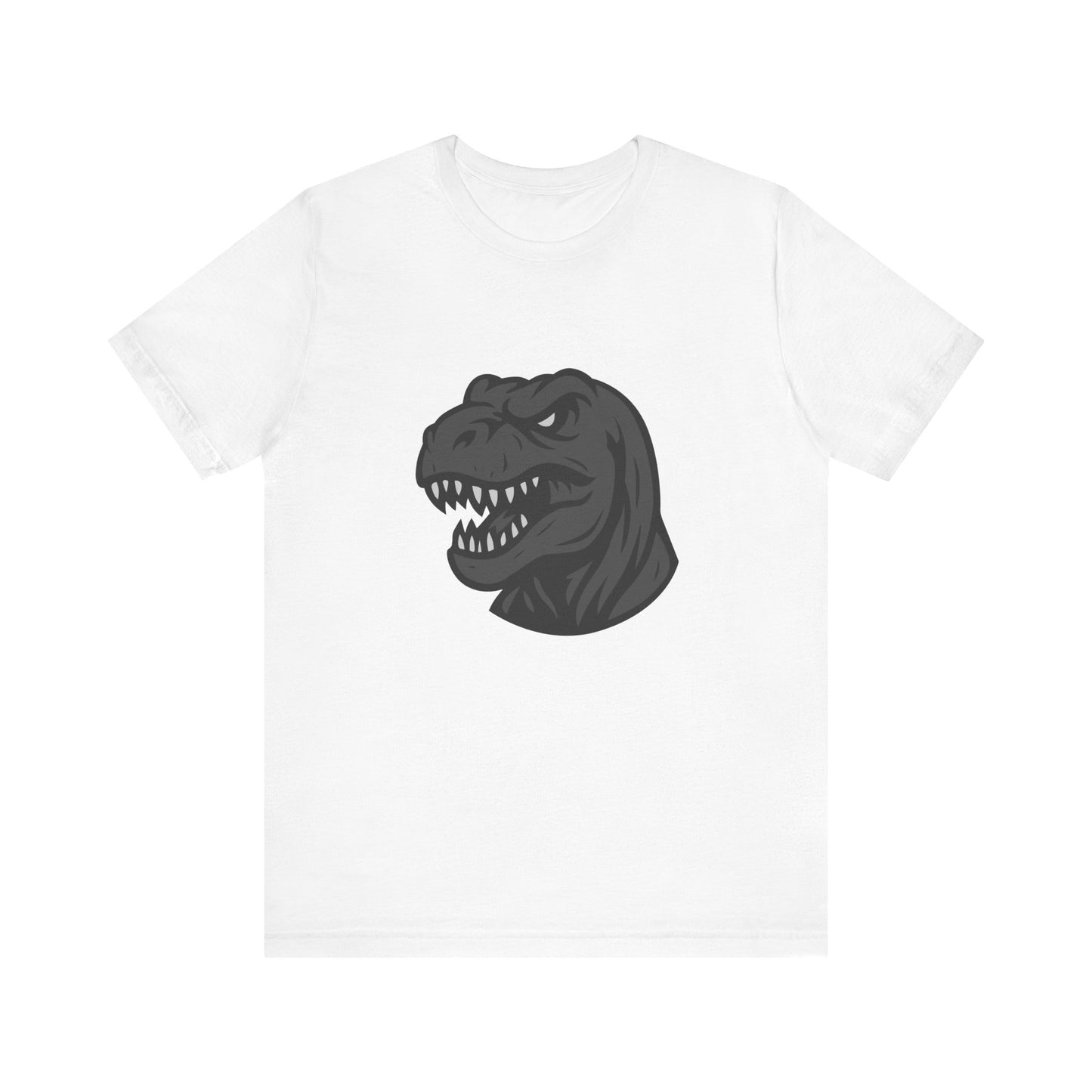 T-Rex Profile Graphic T-Shirt – Dark Theme Grayscale Dinosaur Head on Black Tee with Prehistoric Power and Modern Ghost Effect. Unisex Jersey Short Sleeve Tee