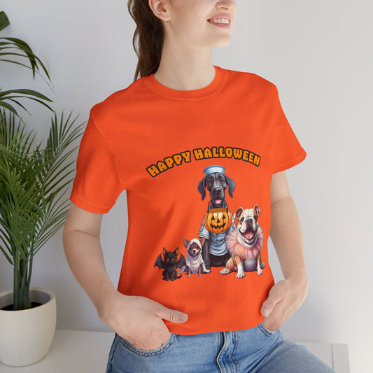 Happy Halloween Pet Parade Shirt – Cute Halloween Dogs and Cat in Costumes. Unisex Jersey Short Sleeve Tee