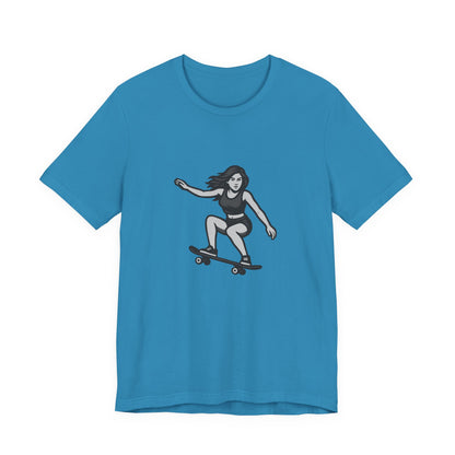 Skater Girl Graphic T-Shirt – Dark Theme Grayscale Skateboarding Design on Black Tee with Bold Motion and Modern Ghost Effect. Unisex Jersey Short Sleeve Tee