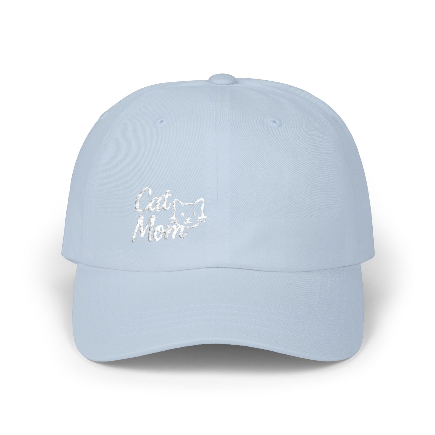 Cat Mom Classic Dad Hat – Embroidered Minimalist Cat Face Hat for Feline-Loving Women with Style. White Letters