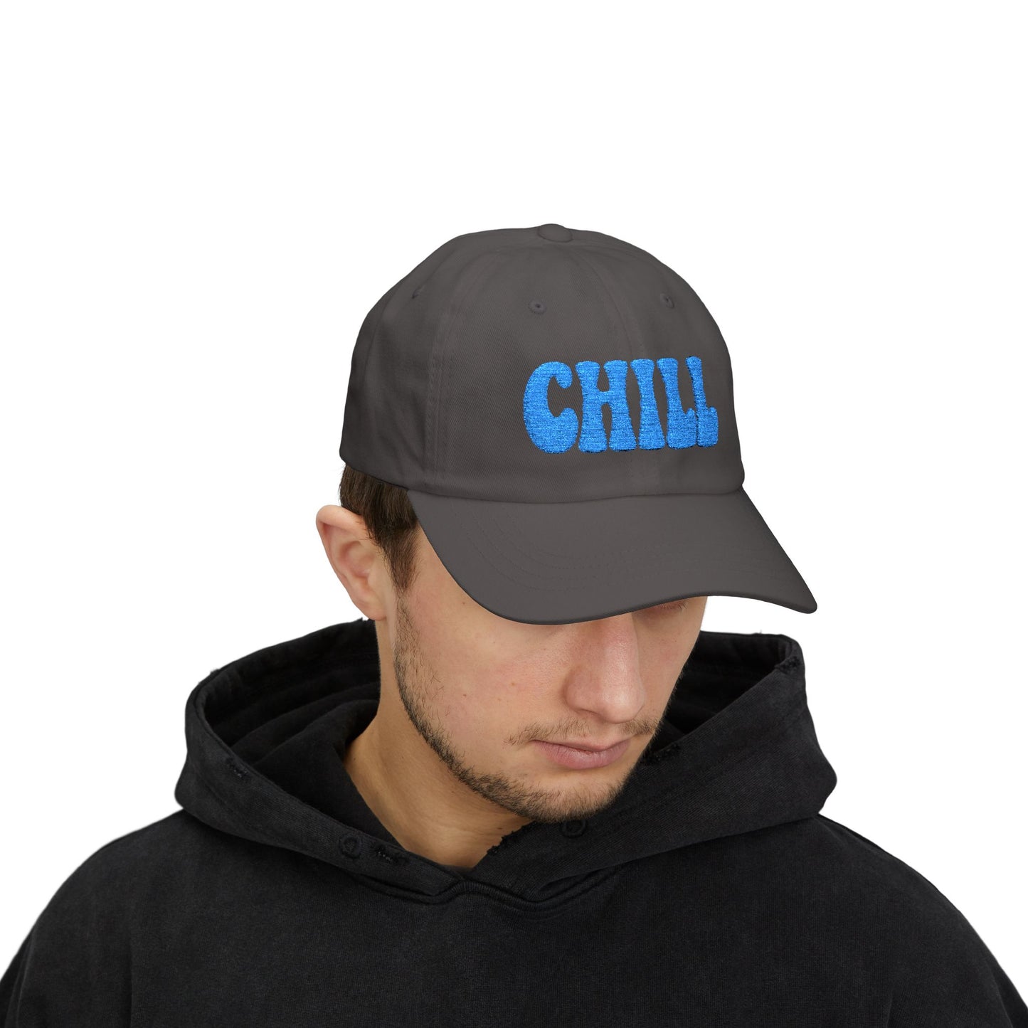 Chill Classic Dad Hat – Embroidered Relaxed Script Hat for Easygoing Vibes and Everyday Cool. Blue Letters