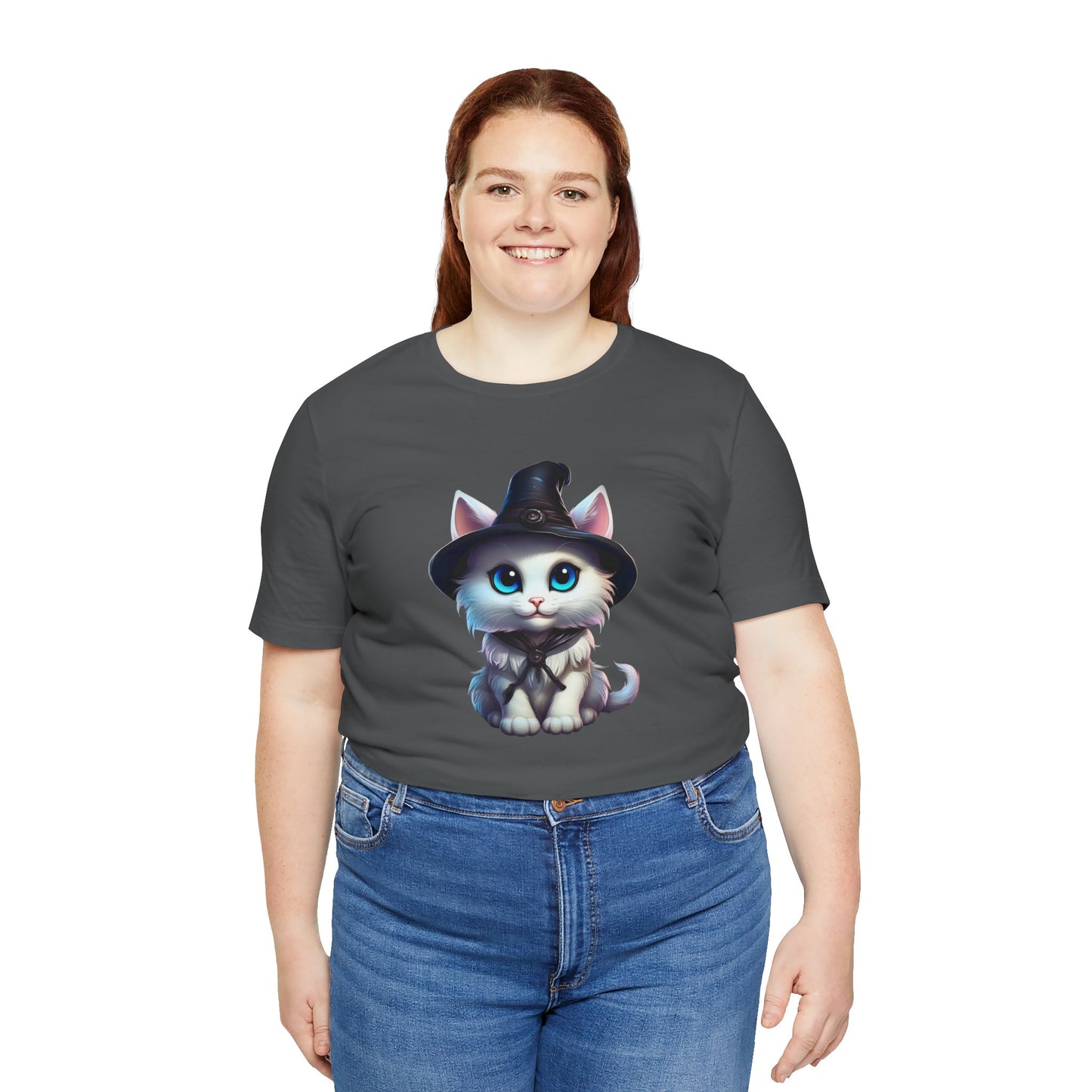 Adorable Witch Cat Halloween Shirt – Cute White Cat in Hat Graphic Tee for Cat Lovers and Halloween Fans