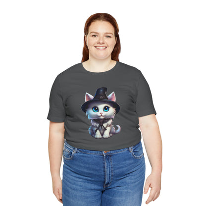 Adorable Witch Cat Halloween Shirt – Cute White Cat in Hat Graphic Tee for Cat Lovers and Halloween Fans