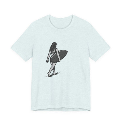 Surfer Girl Walking Graphic T-Shirt – Dark Theme Grayscale Beach Scene on Black Tee with Coastal Calm and Modern Ghost Effect. Unisex Jersey Short Sleeve Tee