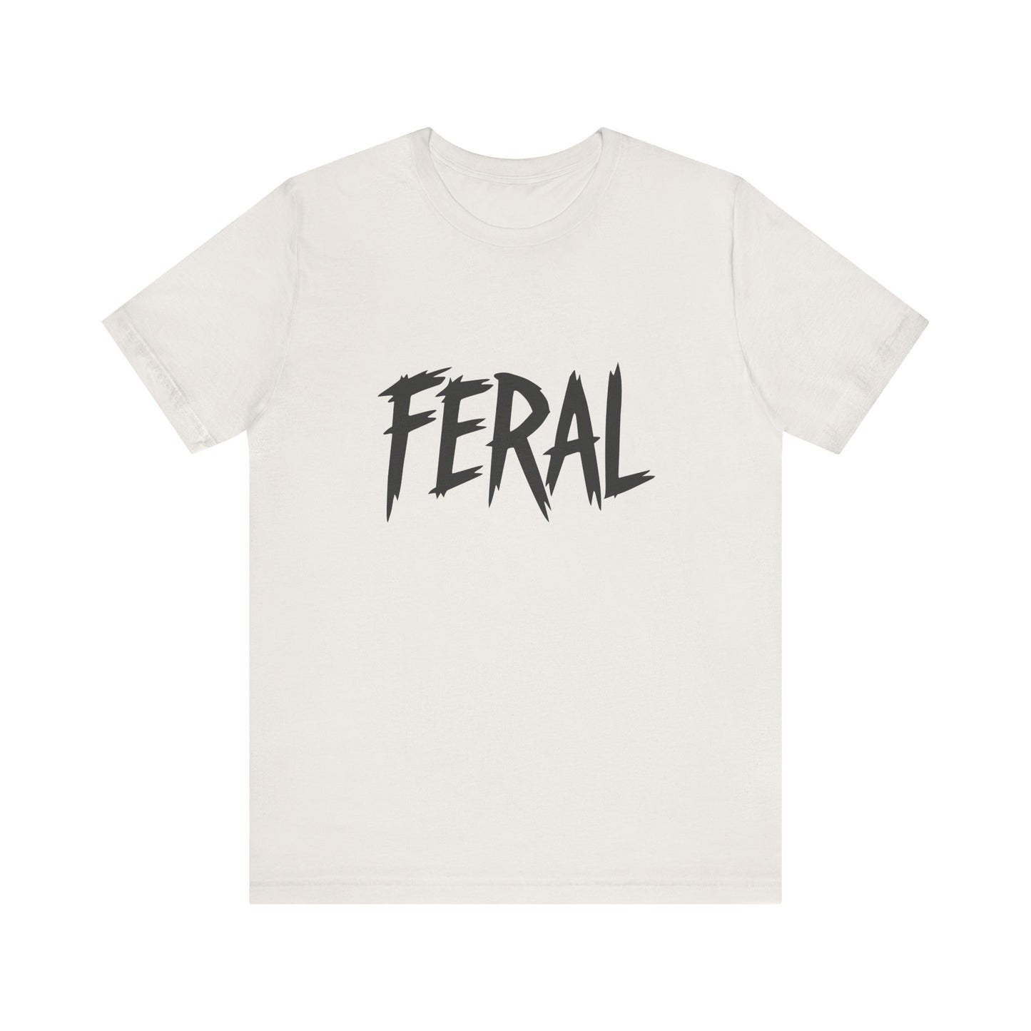 FERAL Text Graphic T-Shirt – Bold Dark Theme Lettering on Black Tee with Untamed Energy and Subtle Modern Ghost Effect. Unisex Jersey Short Sleeve Tee