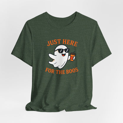 Just Here for the Boos Halloween Shirt – Funny Ghost Drinking Coffee Graphic Tee for Spooky Season