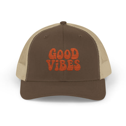 Good Vibes Trucker Hat – Embroidered Retro Text Hat for Positive Vibes, Chill Style, and Everyday Feel-Good Energy. Orange Letters
