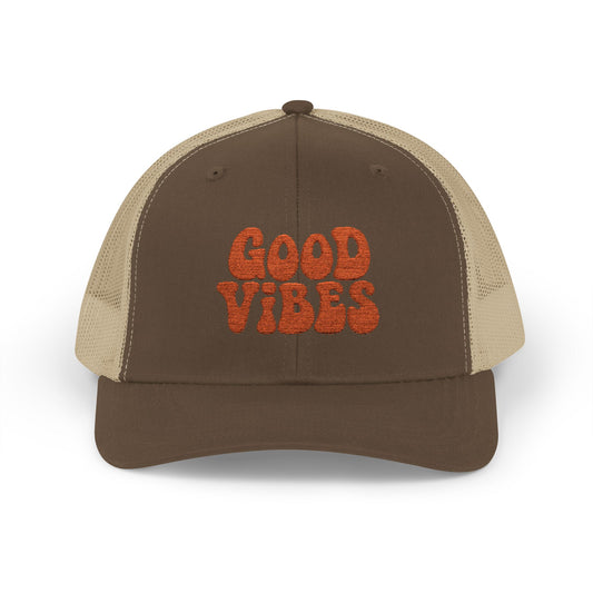 Good Vibes Trucker Hat – Embroidered Retro Text Hat for Positive Vibes, Chill Style, and Everyday Feel-Good Energy. Orange Letters