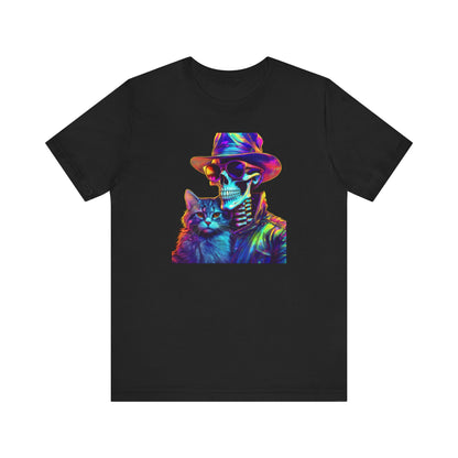 Cool Skeleton and Cat Halloween Shirt – Neon Retro Horror Graphic Tee for Spooky Style and Cat Lovers