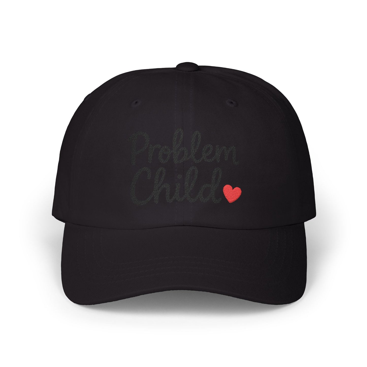 Problem Child Embroidered Classic Dad Hat – Bold Script Baseball Hat with Red Heart for the Unruly and Unapologetic. Black Letters