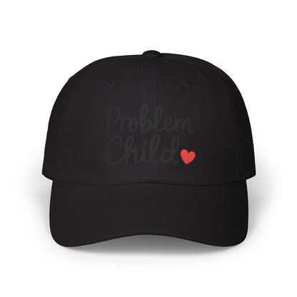 Problem Child Embroidered Classic Dad Hat – Bold Script Baseball Hat with Red Heart for the Unruly and Unapologetic. Black Letters