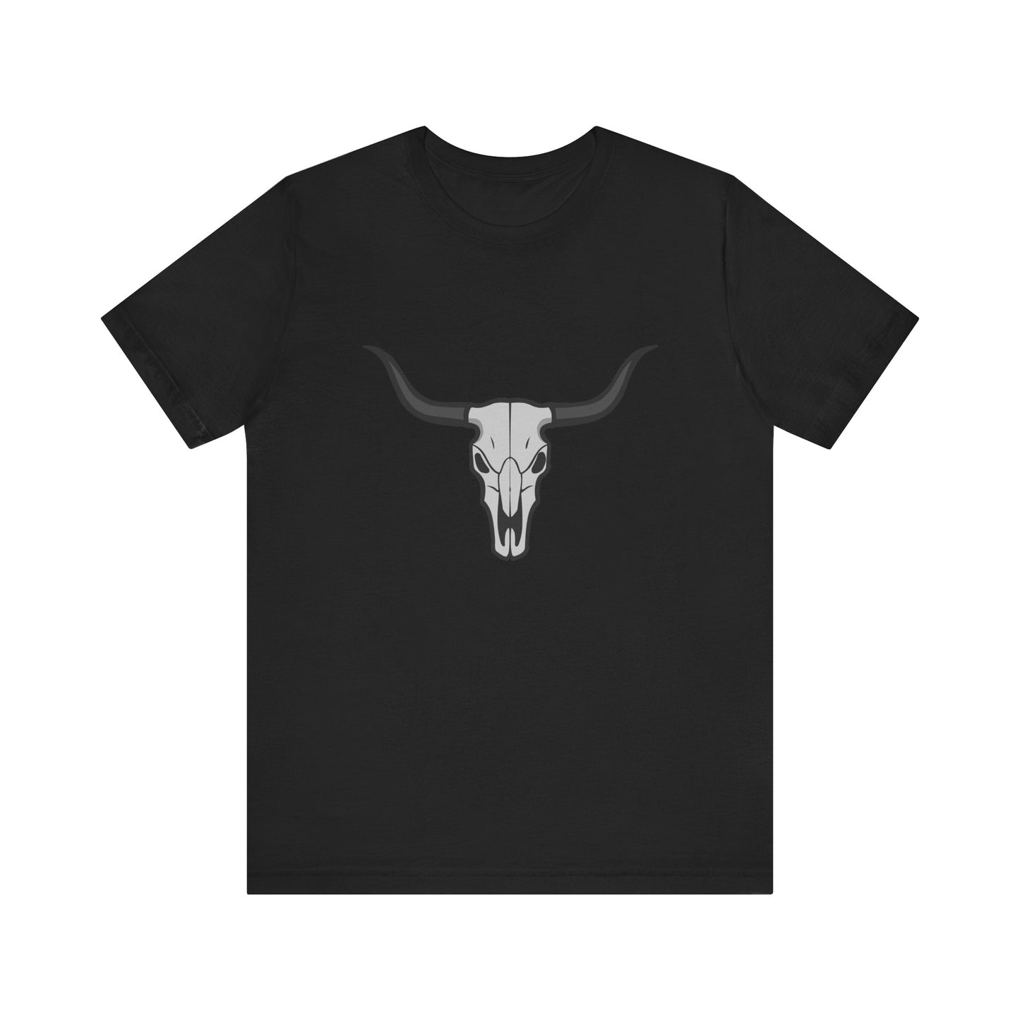 Dark Theme Steer Skull Shirt – Western Cow Skull Graphic in Grey and Black for Desert Gothic Vibes. Unisex Jersey Short Sleeve Tee