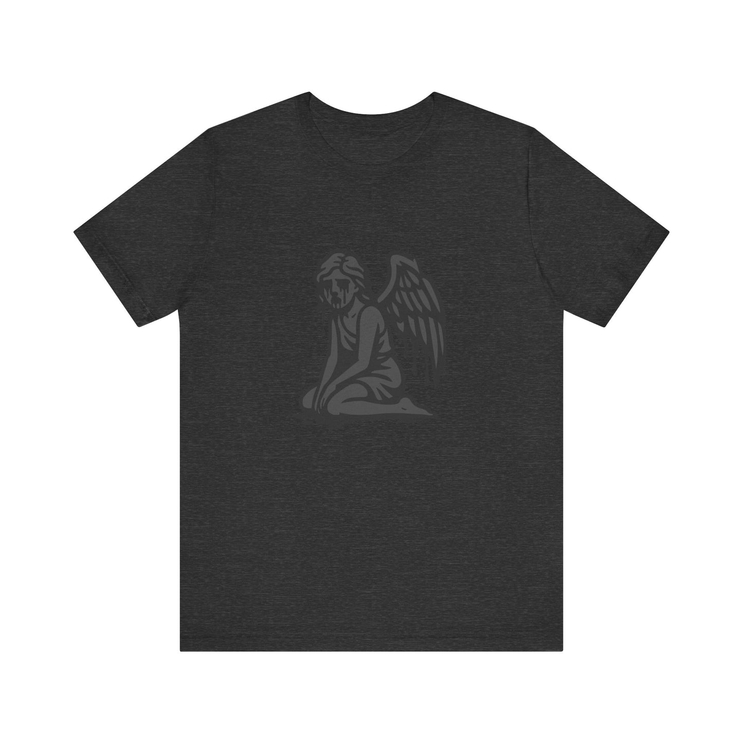 Fallen Angel Dark Theme Graphic T-Shirt – Dark Grayscale Crying Angel Design on Black Tee with Gothic Mood and Modern Ghost Effect. Unisex Jersey Short Sleeve Tee